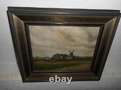 Old oil painting, Landscape with a farm and a windmill, is signed antique