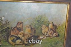 Old painting oil on canvas wood frame chicks baby partridge dated 1874 original
