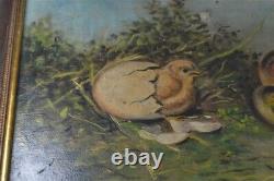 Old painting oil on canvas wood frame chicks baby partridge dated 1874 original