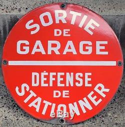 Old red French enamel steel sign plaque plate notice garage car exit no parking