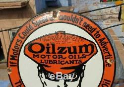 Original 1930's Old Antique Vintage Very Rare Oilzum Oil Porcelain Enamel Sign