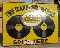 Original 1930s Old Antique Vintage Twin Gramophone Records Porcelain Enamel Sign