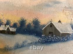 Original Old Folk Art Antique Oil Painting Winter Scene Snow Vintage Landscape