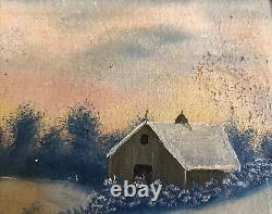 Original Old Folk Art Antique Oil Painting Winter Scene Snow Vintage Landscape