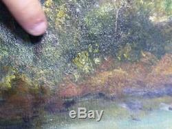 Original Painting Antique Old American Lake Landscape Fishing Couple Signed Art