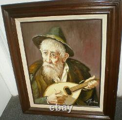 Original Vintage Oil Painting Detailed Old Man With Ukulele Signed Heavy Framed