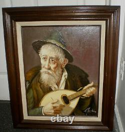 Original Vintage Oil Painting Detailed Old Man With Ukulele Signed Heavy Framed