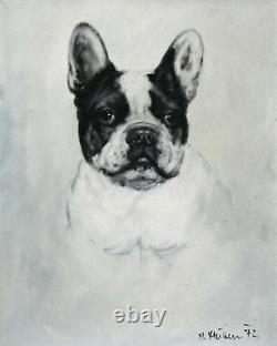 Original antique oil painting on canvas French Bulldog 20th with old frame
