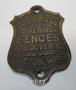 PJ DINN & Co WIRE & IRON FENCES BOSTON MASS Antique Bronze Brass Nameplate Sign