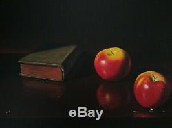 P Fortunato Finest Oil Painting 2 Apples Wet Still Life Old Antique Book Italian