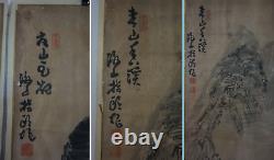 Pair of Large Old Antique Korean Sumi Ink Man Fishing Mountain Signed