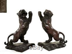 Pair of Old Japanese Bronze Tiger Book Ends Bookends Glass Eyes Signed Sculpture