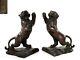 Pair Of Old Japanese Bronze Tiger Book Ends Bookends Glass Eyes Signed Sculpture