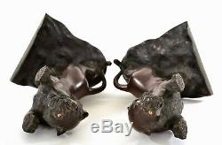 Pair of Old Japanese Bronze Tiger Book Ends Bookends Glass Eyes Signed Sculpture
