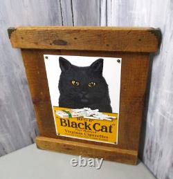Porcelain Enamel+Old Wood+Steel Black Cat Cigarettes Sign+Primitive+Prim+Farm