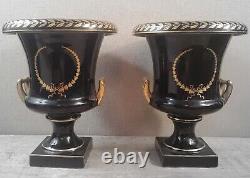 Pr vtg Vase Urn Classical antique old Trenton Pottery BLACK & GOLD