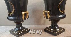 Pr vtg Vase Urn Classical antique old Trenton Pottery BLACK & GOLD