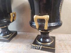 Pr vtg Vase Urn Classical antique old Trenton Pottery BLACK & GOLD