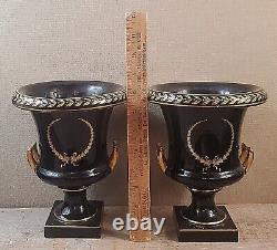 Pr vtg Vase Urn Classical antique old Trenton Pottery BLACK & GOLD