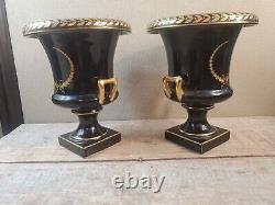 Pr vtg Vase Urn Classical antique old Trenton Pottery BLACK & GOLD