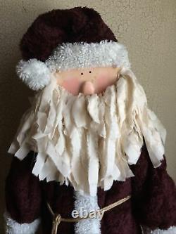 Primitive Handmade Old Thyme Santa with Faux Wool Coat Candy Cane Rusty Bells Pine