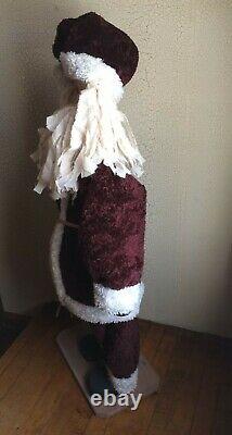 Primitive Handmade Old Thyme Santa with Faux Wool Coat Candy Cane Rusty Bells Pine