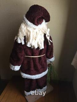 Primitive Handmade Old Thyme Santa with Faux Wool Coat Candy Cane Rusty Bells Pine