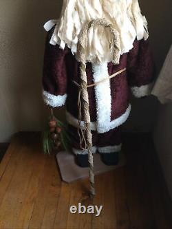 Primitive Handmade Old Thyme Santa with Faux Wool Coat Candy Cane Rusty Bells Pine