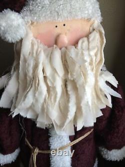 Primitive Handmade Old Thyme Santa with Faux Wool Coat Candy Cane Rusty Bells Pine