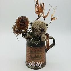 Primitive Mohair Bear in Old Tin Cup w Drieds Jackie Schmidt TFC Folk Art OOAK