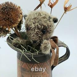 Primitive Mohair Bear in Old Tin Cup w Drieds Jackie Schmidt TFC Folk Art OOAK