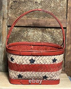 Primitive Old Patriotic Stars & Stripes Lap Band Gathering Basket Red Paint NICE