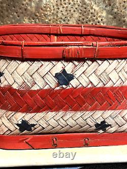 Primitive Old Patriotic Stars & Stripes Lap Band Gathering Basket Red Paint NICE