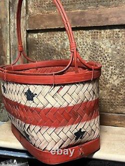 Primitive Old Patriotic Stars & Stripes Lap Band Gathering Basket Red Paint NICE