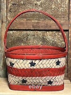 Primitive Old Patriotic Stars & Stripes Lap Band Gathering Basket Red Paint NICE