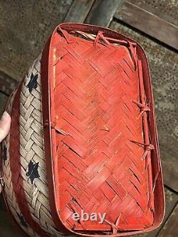 Primitive Old Patriotic Stars & Stripes Lap Band Gathering Basket Red Paint NICE