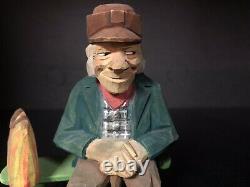 RARE 1940s Swedish Wood Carving Old Man On A Bench SIGNED L. LARSSON
