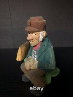 RARE 1940s Swedish Wood Carving Old Man On A Bench SIGNED L. LARSSON