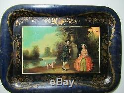 RARE ANTIQUE OLD 19 C. HP LARGE METAL TOLEWARE TRAY COLONIAL LADY, GENT Signed