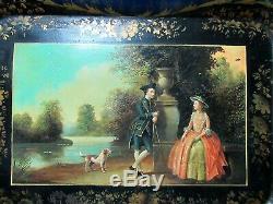 RARE ANTIQUE OLD 19 C. HP LARGE METAL TOLEWARE TRAY COLONIAL LADY, GENT Signed