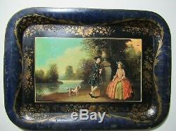RARE ANTIQUE OLD 19 C. HP LARGE METAL TOLEWARE TRAY COLONIAL LADY, GENT Signed