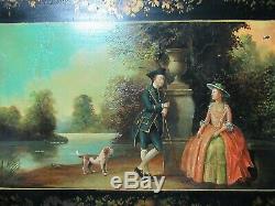 RARE ANTIQUE OLD 19 C. HP LARGE METAL TOLEWARE TRAY COLONIAL LADY, GENT Signed