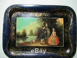 RARE ANTIQUE OLD 19 C. HP LARGE METAL TOLEWARE TRAY COLONIAL LADY, GENT Signed