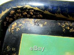 RARE ANTIQUE OLD 19 C. HP LARGE METAL TOLEWARE TRAY COLONIAL LADY, GENT Signed