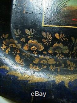 RARE ANTIQUE OLD 19 C. HP LARGE METAL TOLEWARE TRAY COLONIAL LADY, GENT Signed