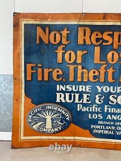 RARE Antique Old Historic Los Angeles Automobile Insurance Painted Sign, 20's