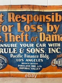RARE Antique Old Historic Los Angeles Automobile Insurance Painted Sign, 20's