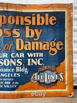RARE Antique Old Historic Los Angeles Automobile Insurance Painted Sign, 20's
