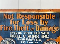 RARE Antique Old Historic Los Angeles Automobile Insurance Painted Sign, 20's