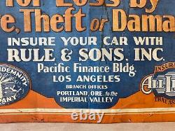 RARE Antique Old Historic Los Angeles Automobile Insurance Painted Sign, 20's